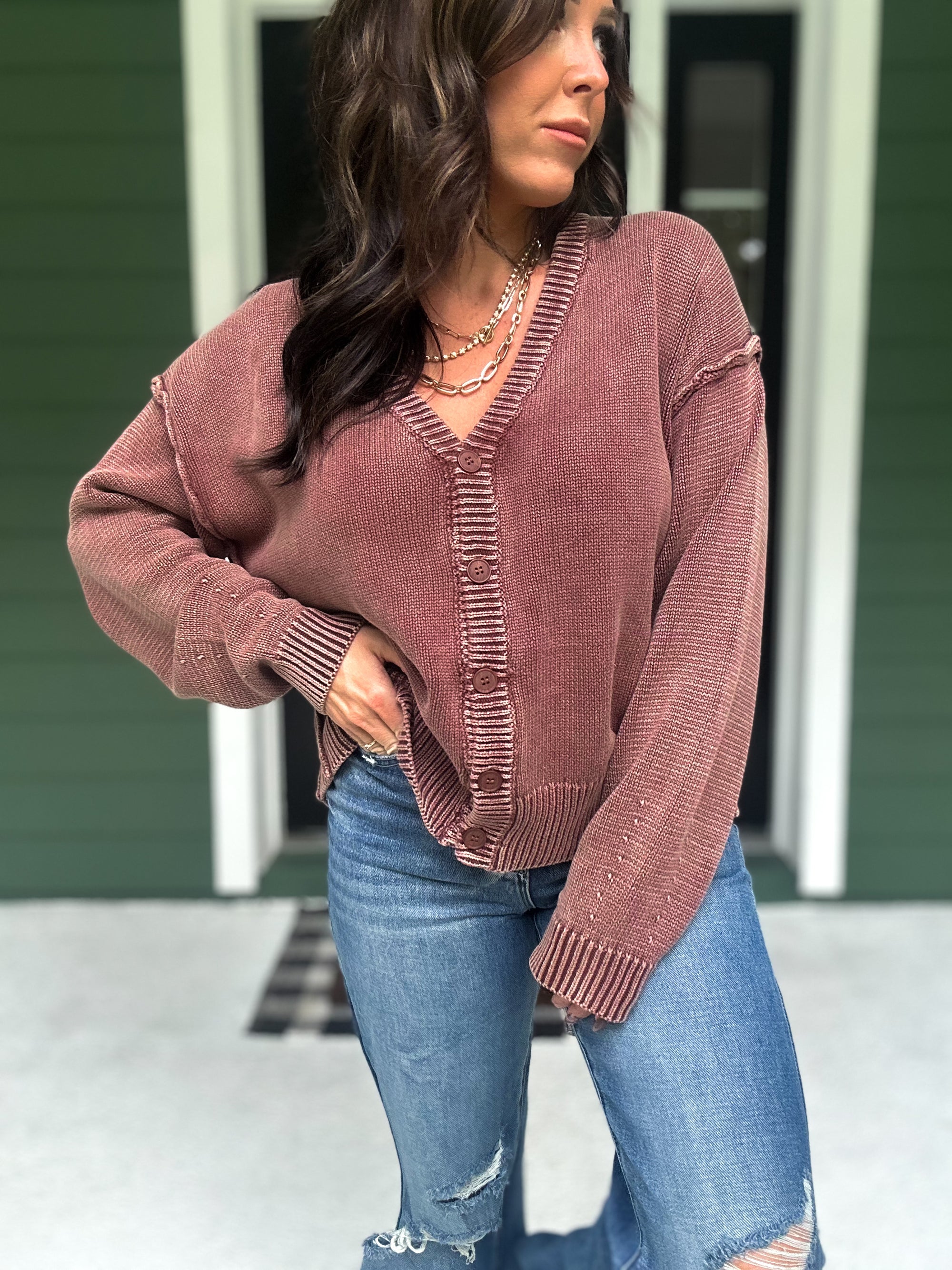 Josie Button Front Cardigan - Coffee Bean