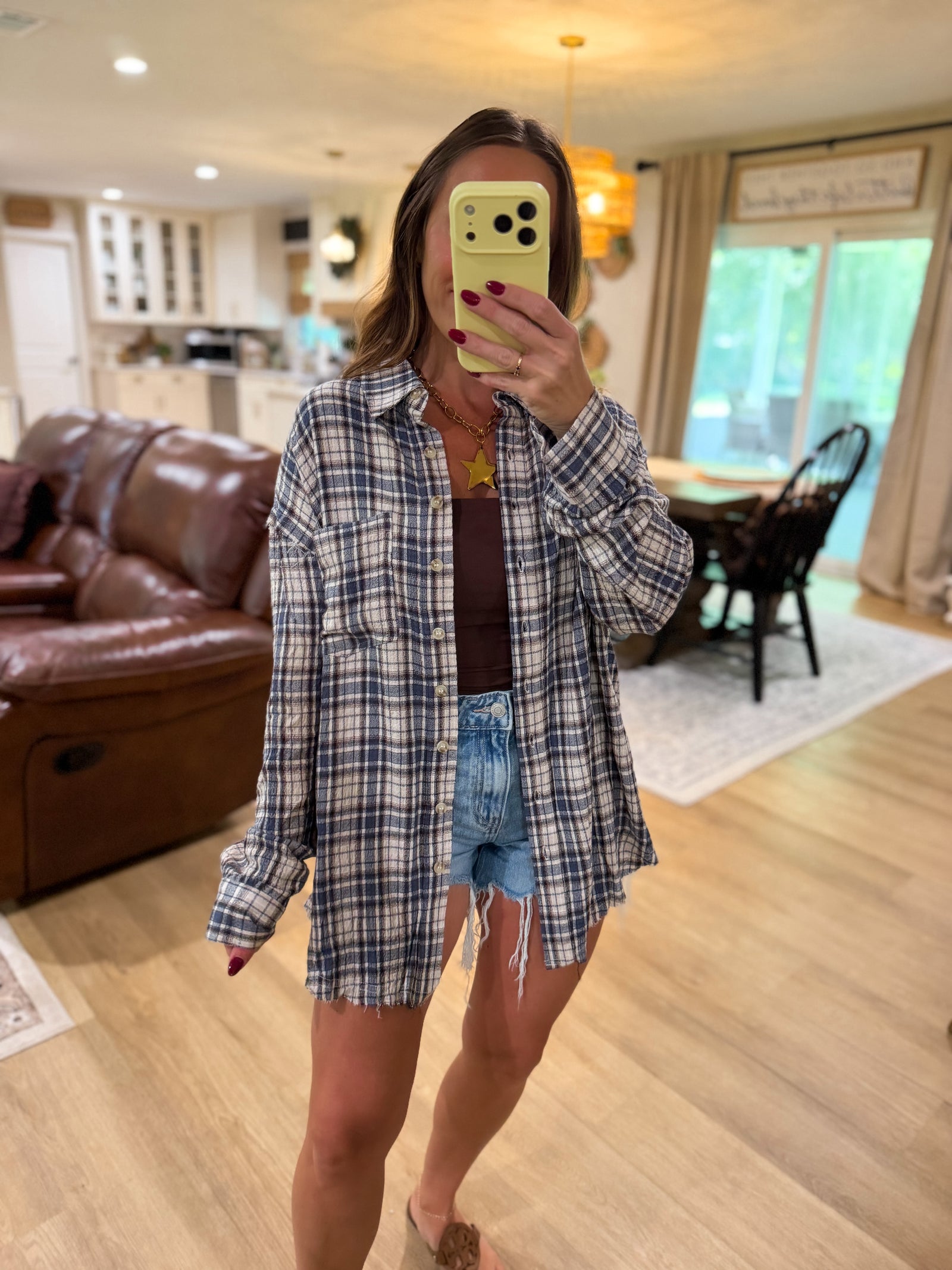 Sterling Plaid Collared Button Down Distressed Top - Blue