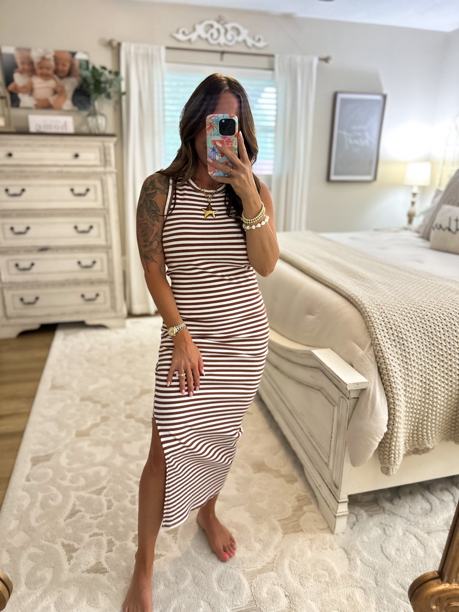 Colby Striped Ribbed Tank Dress - Brick