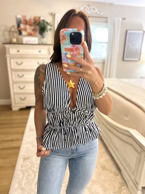 Claire Striped Ruffle Tank - Navy