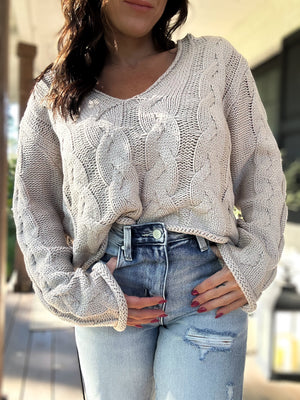 Rachel Renee Cable Knit Sweater- Taupe