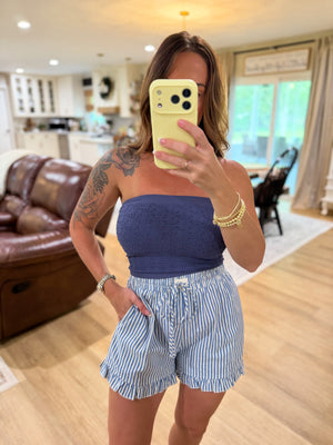 Landyn Striped Cotton Ruffle Shorts - Blue