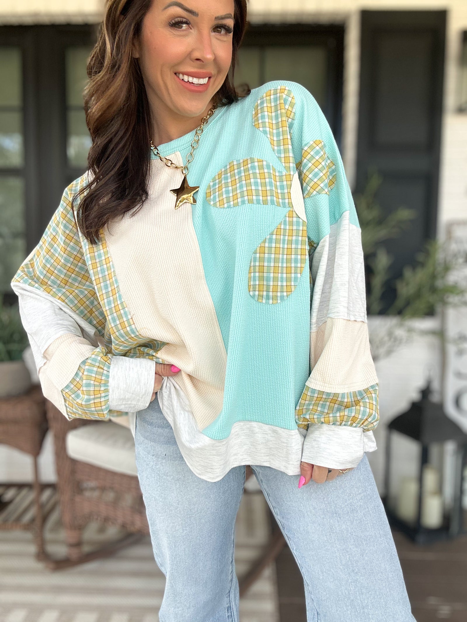 Drue Flower Patch Long Sleeve Sweater - Aqua