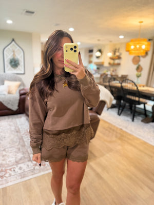 Willow Round Neck Lace Trimmed Crewneck - Brown