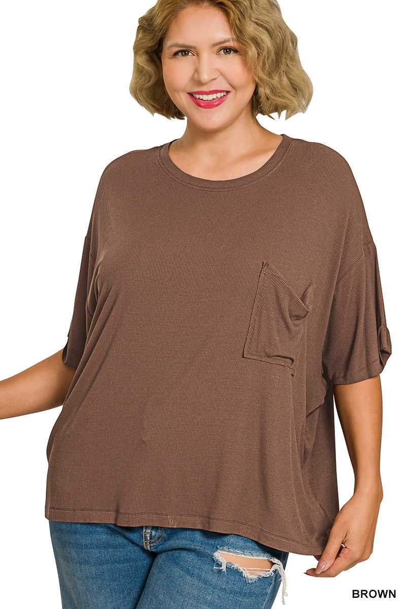 Plus Oversized Ribbed Round Neck Short Sleeve Tee