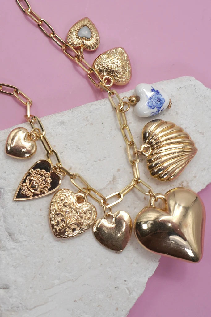 CERAMIC PORCELAIN HEART MULTI CHARM NECKLACE