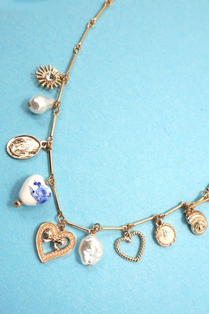 CHARM NECKLACE-CERAMIC PORCELAIN HEART PEARL