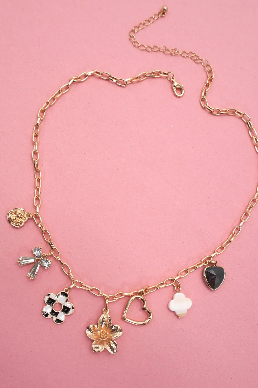 CHARM NECKLACE-BOW CHECKER HEART RHINESTONE