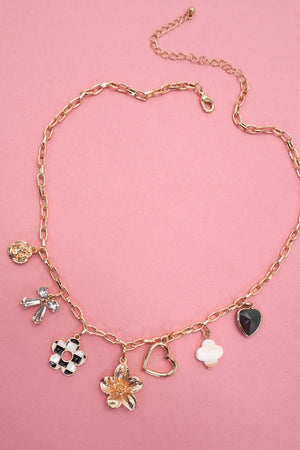 CHARM NECKLACE-BOW CHECKER HEART RHINESTONE