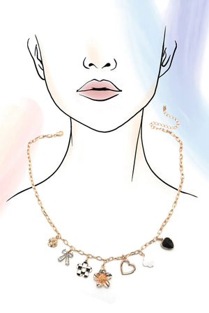 CHARM NECKLACE-BOW CHECKER HEART RHINESTONE