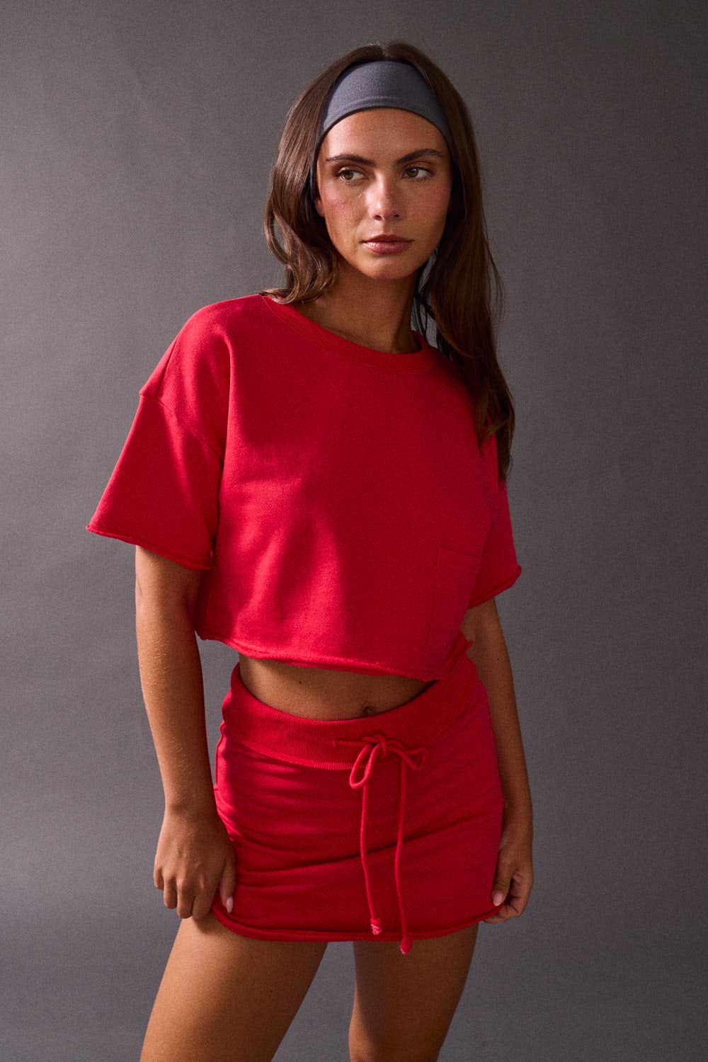 Nora Cropped Pocket Sweater Tee - Red