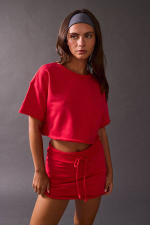 Nora Cropped Pocket Sweater Tee - Red