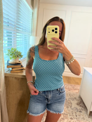 Trey Polka Dot Ruffle Edge Tank - Dusty Teal