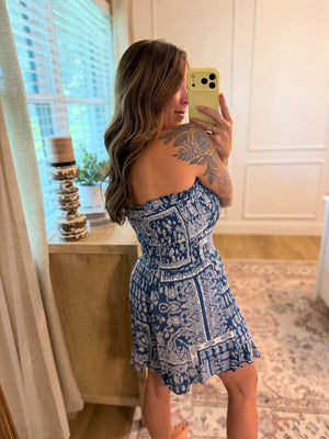 Charity Paisley Print Smocked Strapless Romper - Denim