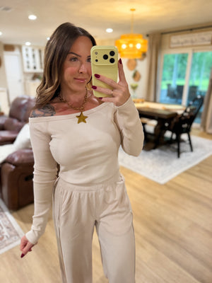 Skye Off Shoulder Ribbed Crop Top - Taupe
