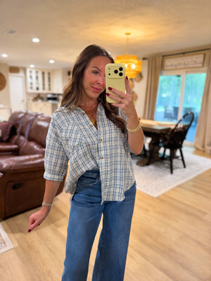 Rhodes Plaid Half Sleeve Collared Button Down Top