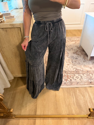 Mason Mineral Washed Tiered Wide Leg Pants - Black