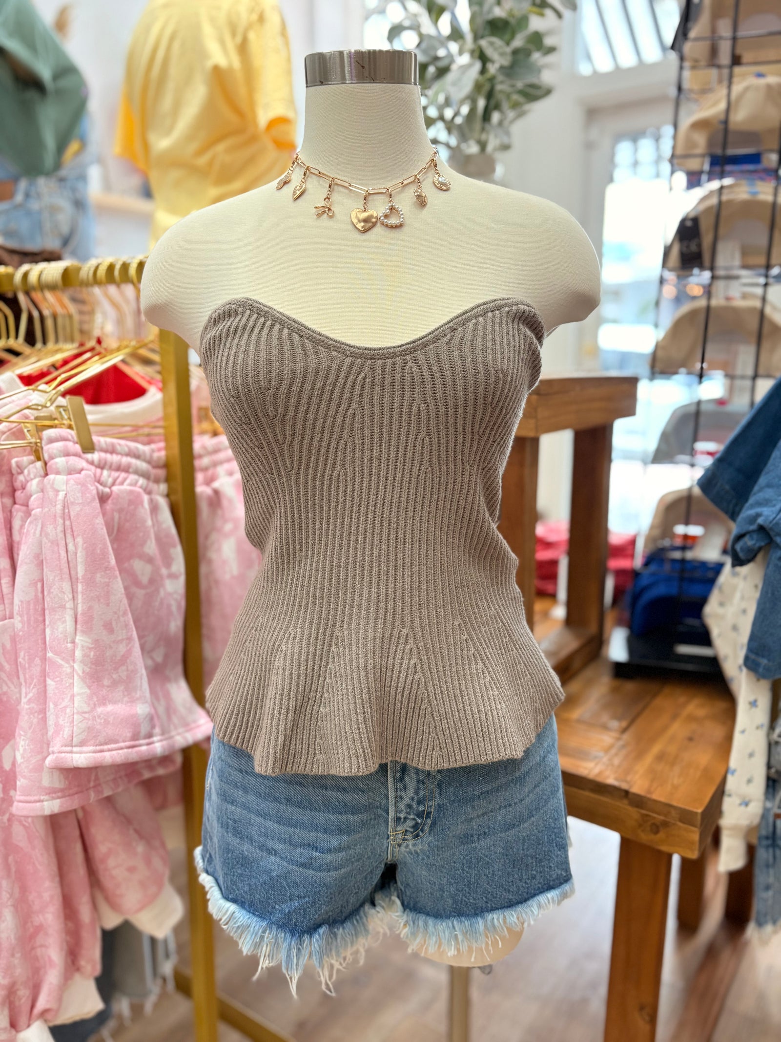 Chevon Ribbed Strapless Top- Stone