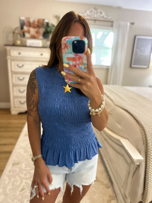 Brittani Smocked Ruffle Hem Tank Top - Blue