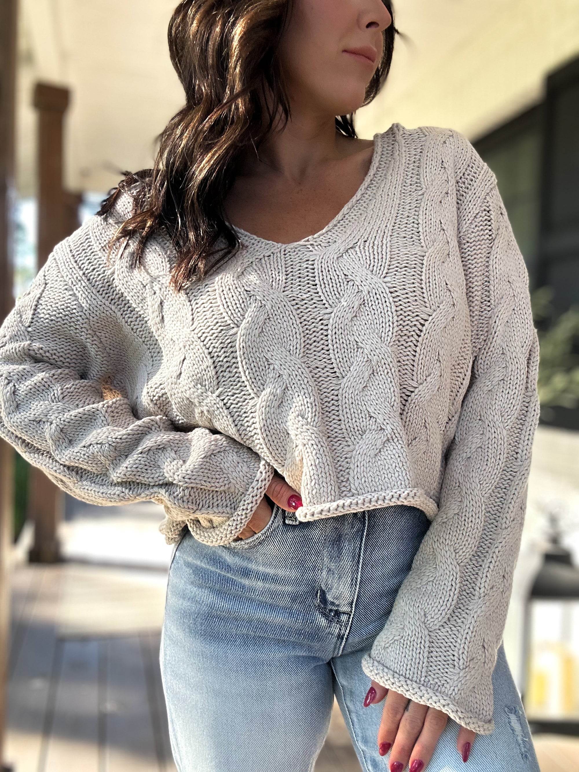 Rachel Renee Cable Knit Sweater- Taupe