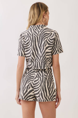 Malani Zebra Print Front Patch Pockets Cropped Shirt