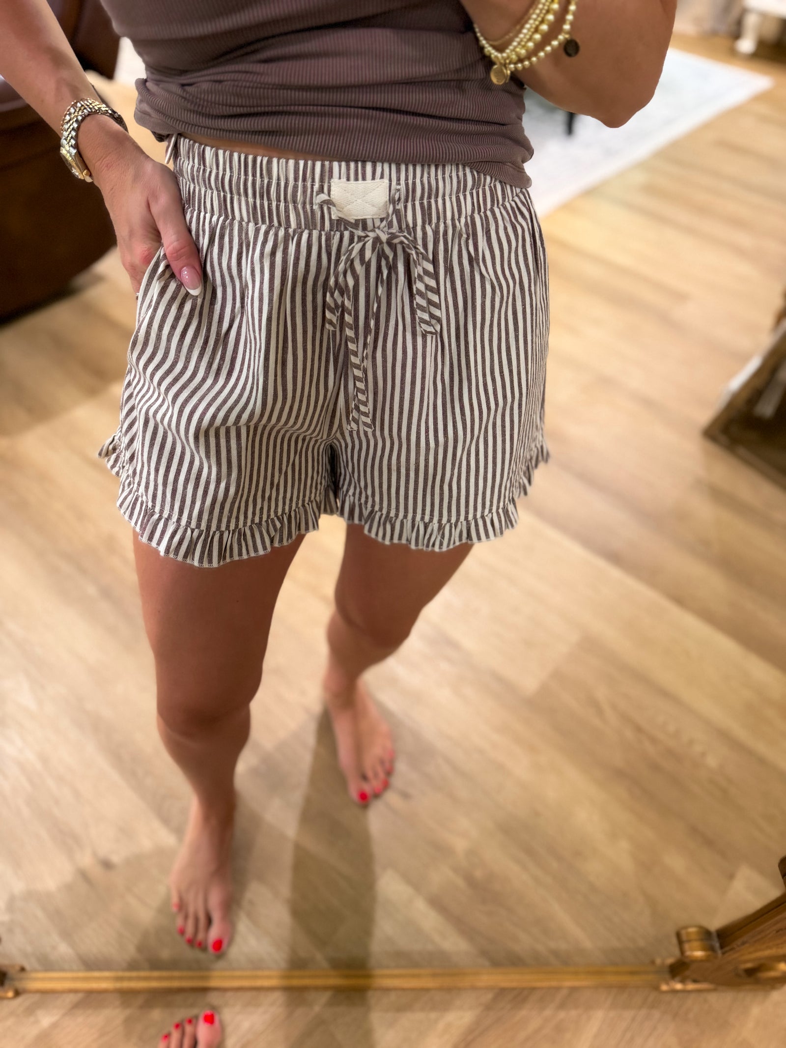 Landyn Striped Cotton Ruffle Shorts - Brown