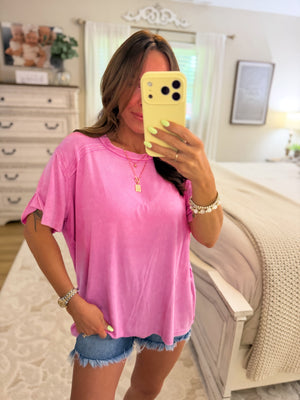 Milo Washed Ribbed Short Boat Neck Tee - Candy Pink