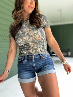 Nola Dark Woodland Camo Jersey Baby Tee