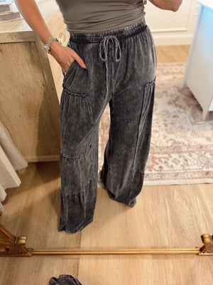 Mason Mineral Washed Tiered Wide Leg Pants - Black