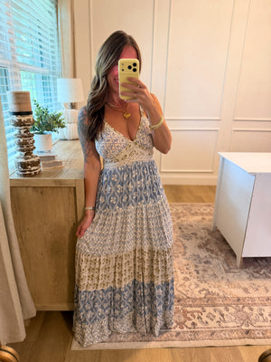 Georgia Mix Print Lace Trim Maxi Dress - Vintage Blue