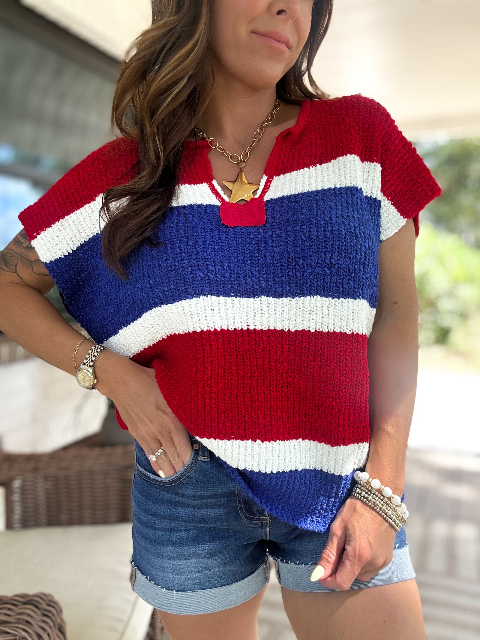 Juliana Color Block Textured Sweater Top - Red/Royal
