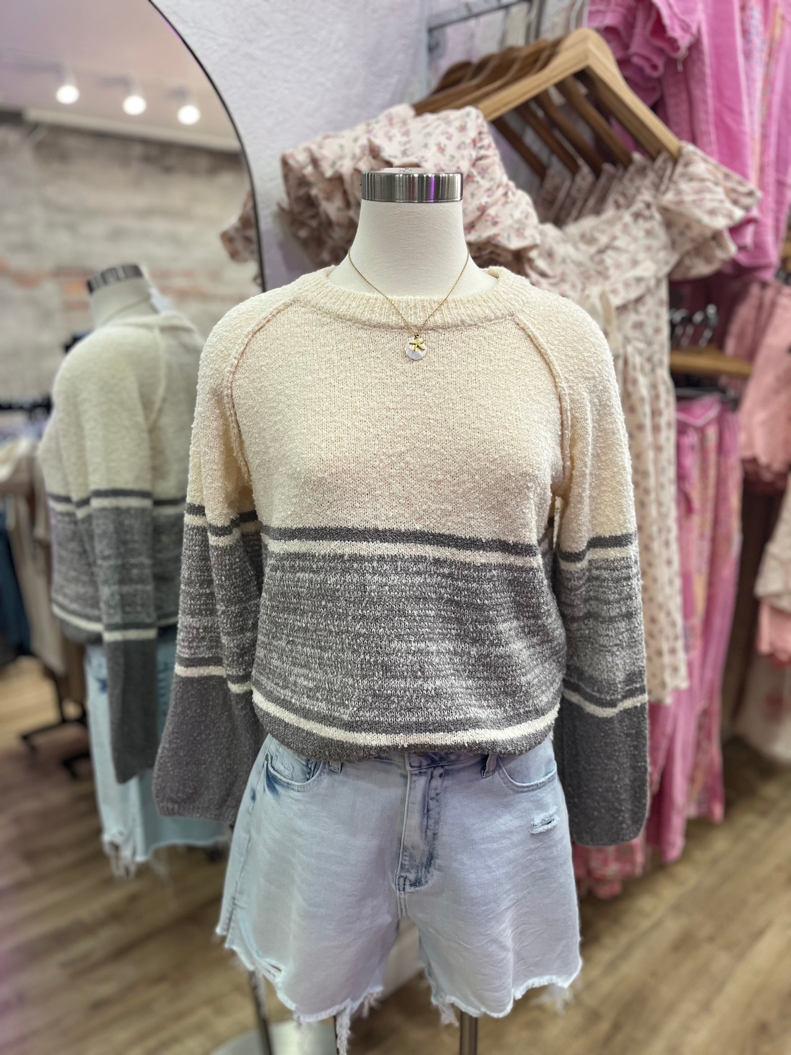 Brittany Oversized Striped Sweater- Grey