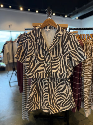 Malani Zebra Print Front Patch Pockets Cropped Shirt