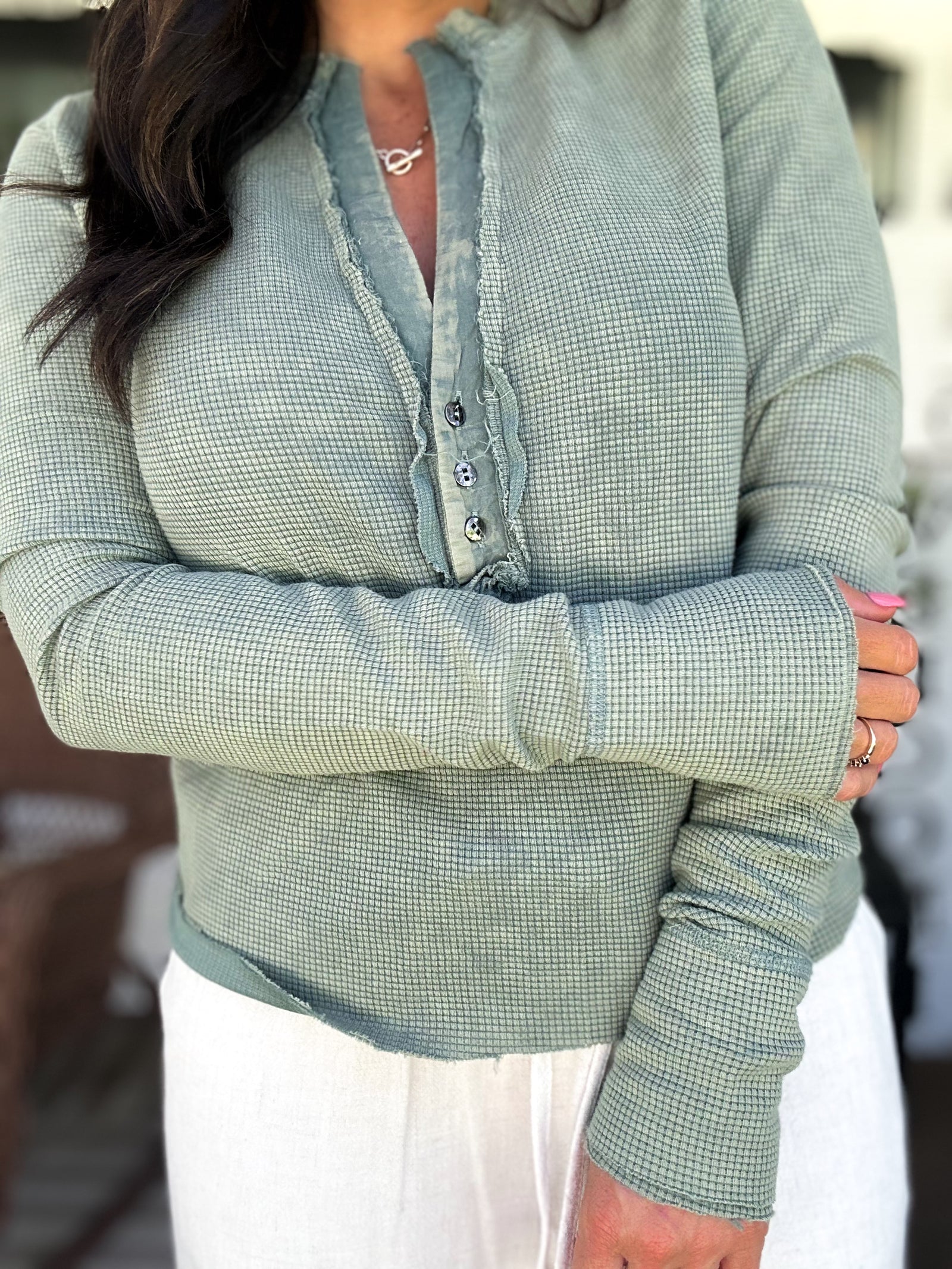 Montana Waffle Knit Henley Top - Olive