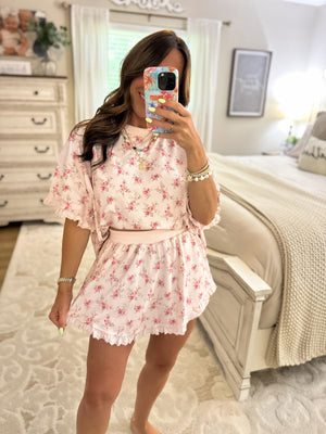 Holly Vintage Rose Waffle Knit Ruffle Top