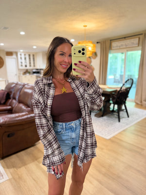 Sterling Plaid Collared Button Down Distressed Top - Brown