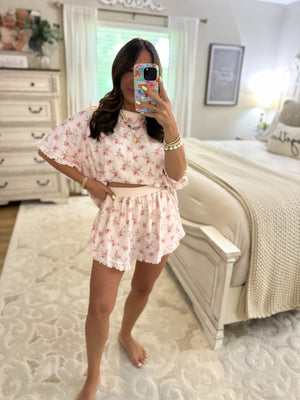 Holly Vintage Rose Waffle Knit Ruffle Top
