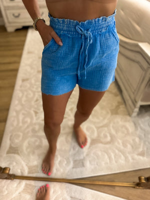 Sunshine Awaits Acid Washed Gauze Shorts - Deep Sky