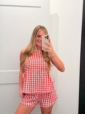 Morgan Gingham Cuffed Shorts - Red