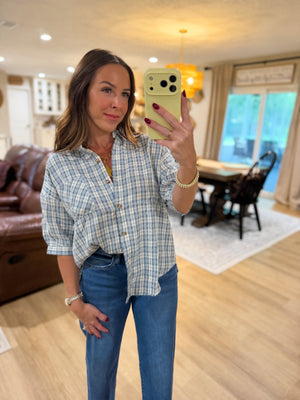 Rhodes Plaid Half Sleeve Collared Button Down Top