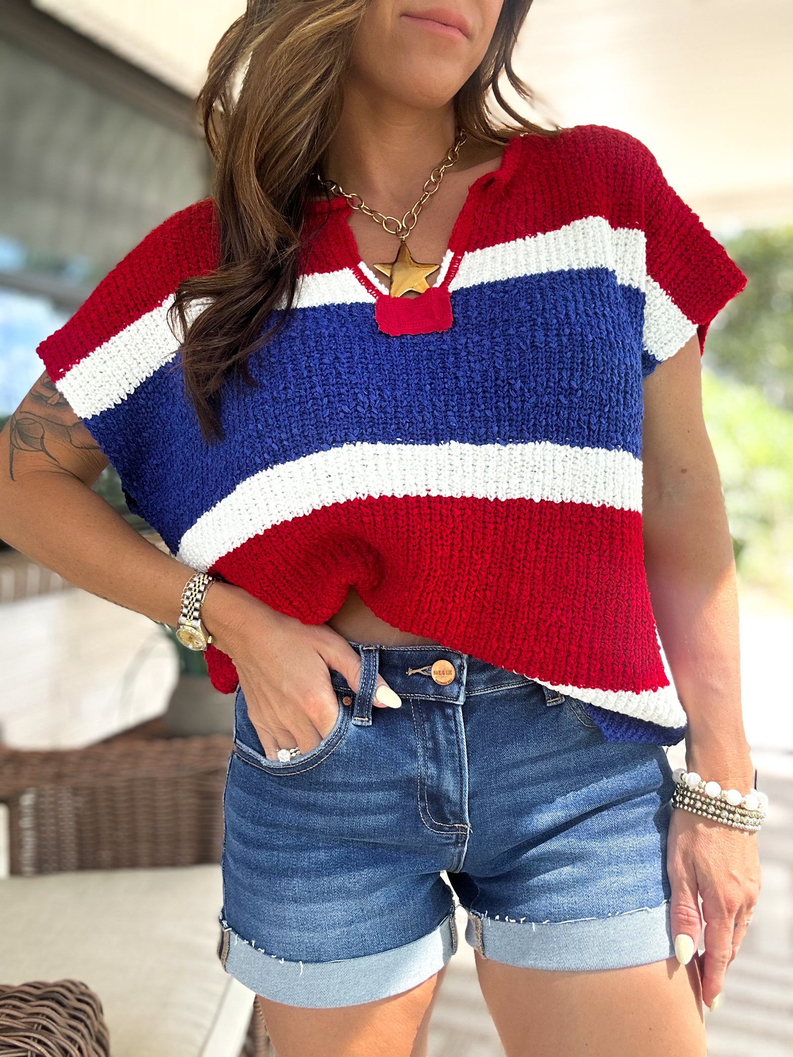 Juliana Color Block Textured Sweater Top - Red/Royal