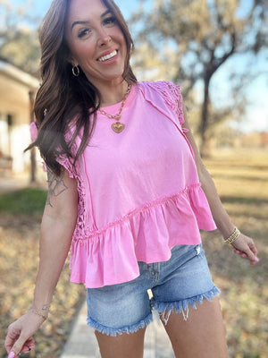 Mable Lace Trim Top - Charming Pink