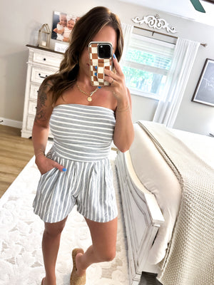 Better Days Ahead Striped Strapless Romper - Gray