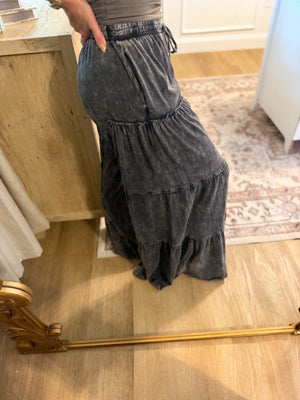 Mason Mineral Washed Tiered Wide Leg Pants - Black