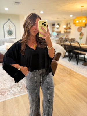 Ava Flowy Vneck Poncho Top - Black