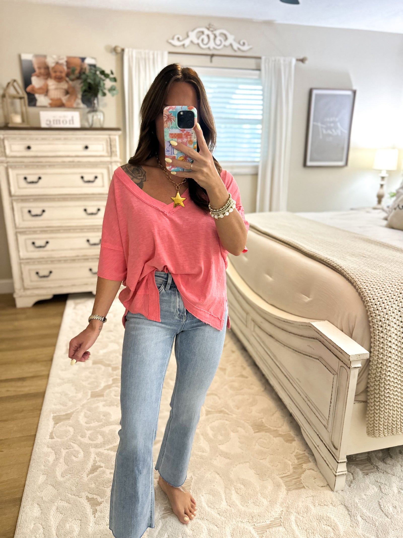 Alyse Oversized V-Neck Short Sleeve Top - Pink