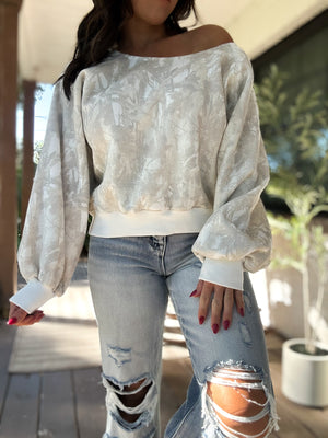 Audrina Off Shoulder Camo Sweater Top