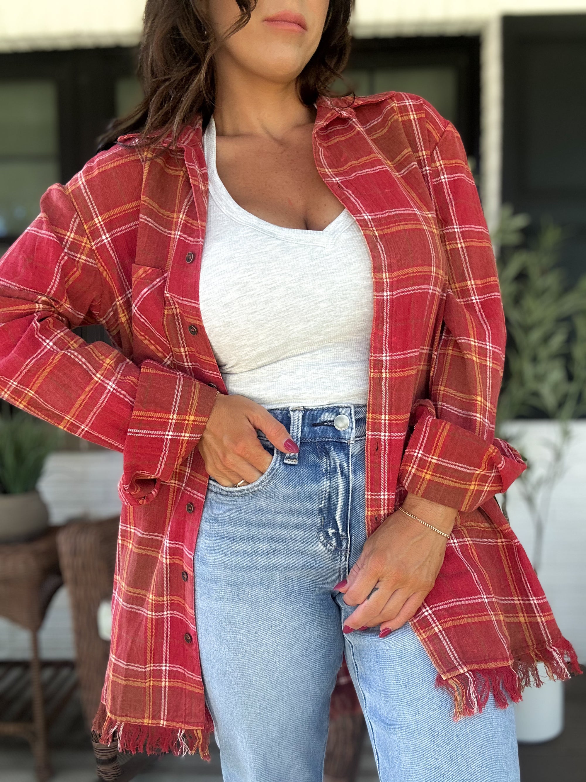 Lana Button Up Flannel Top- Red