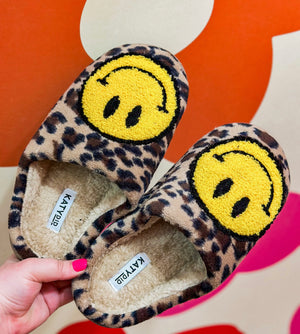 Leopard Smiley Plush Slippers
