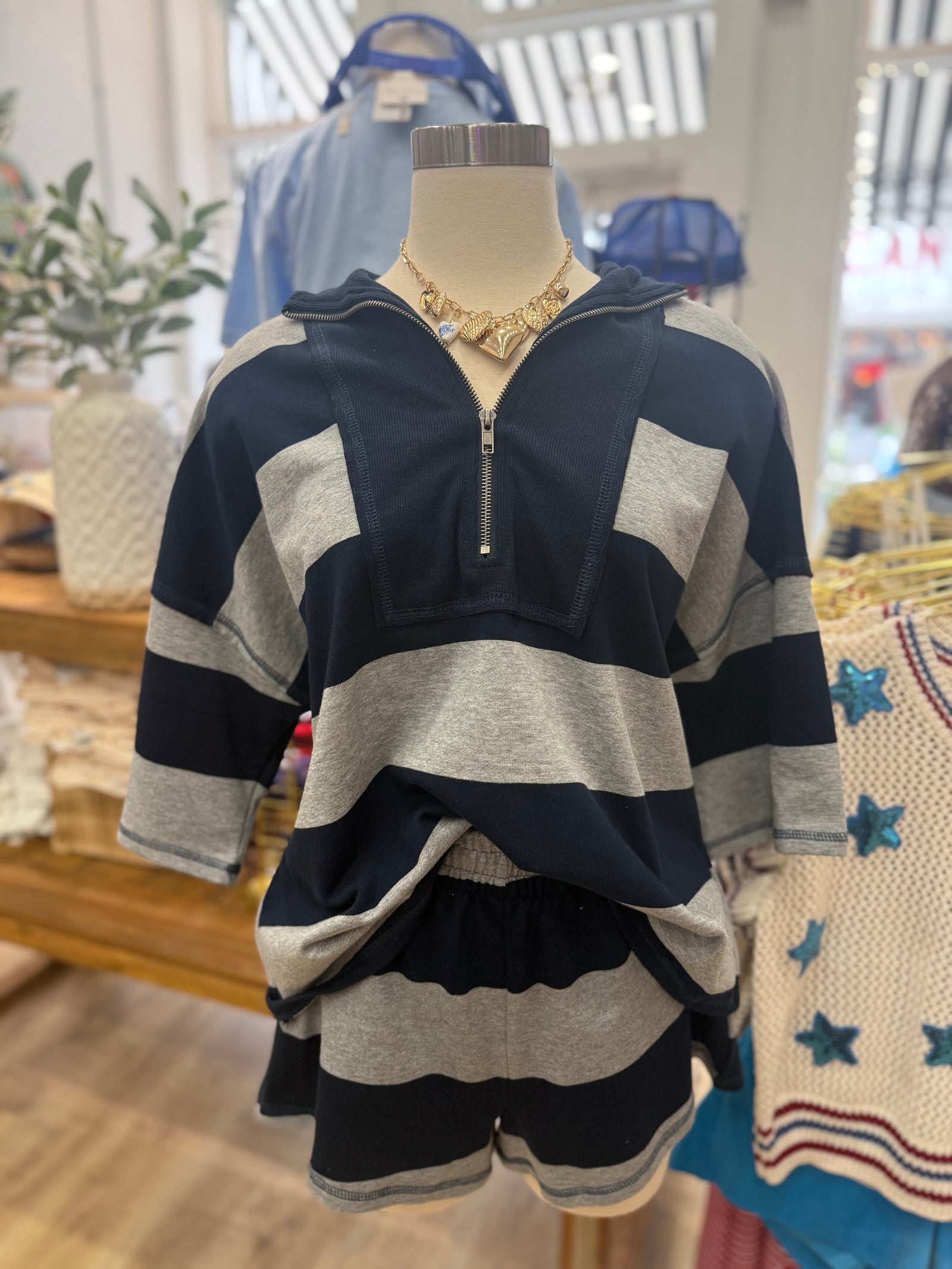 Annie Striped Oversized Pull On Set- Navy